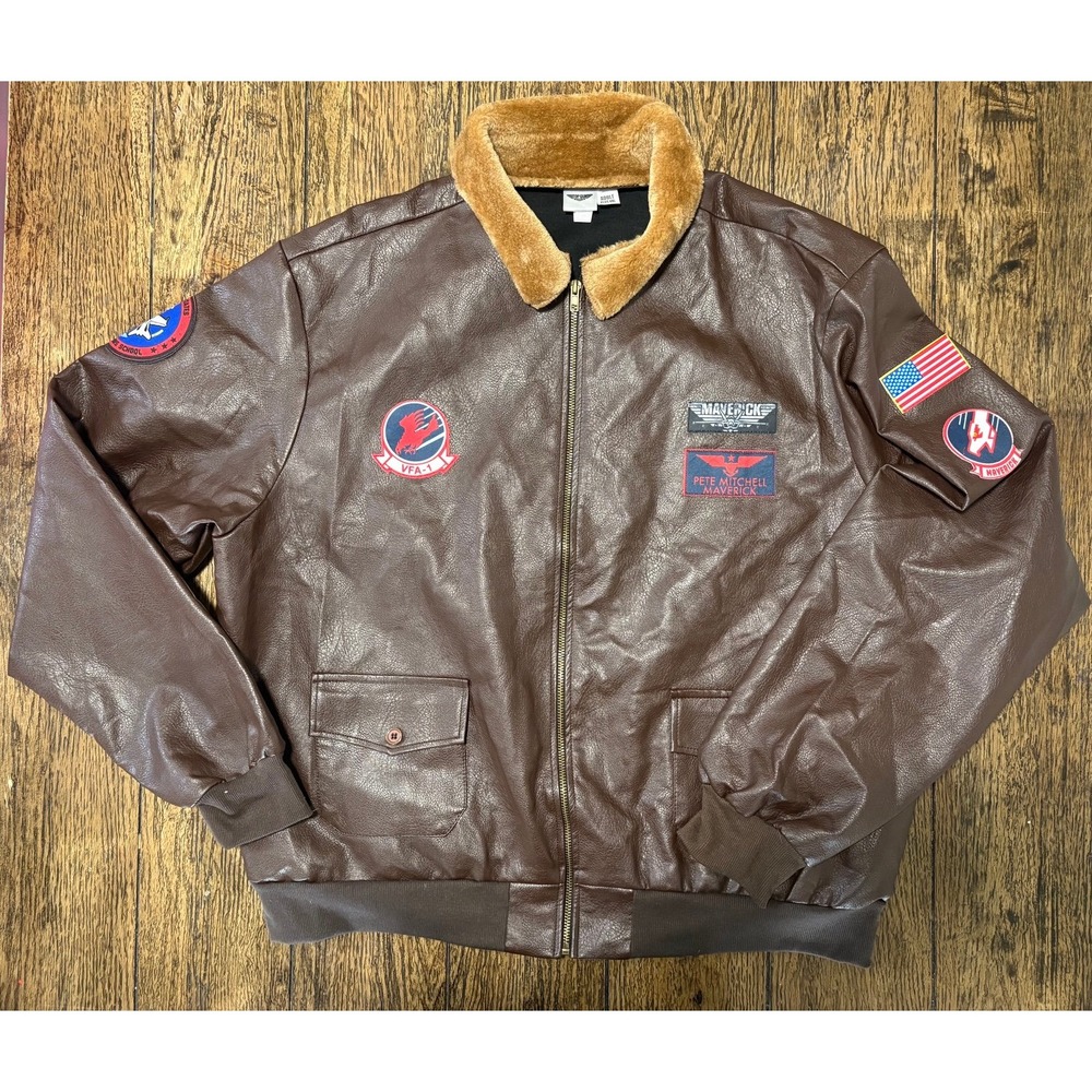 Top Gun Maverick Faux Leather Flight Jacket XXL Mens Brown Patches Flight Bomber